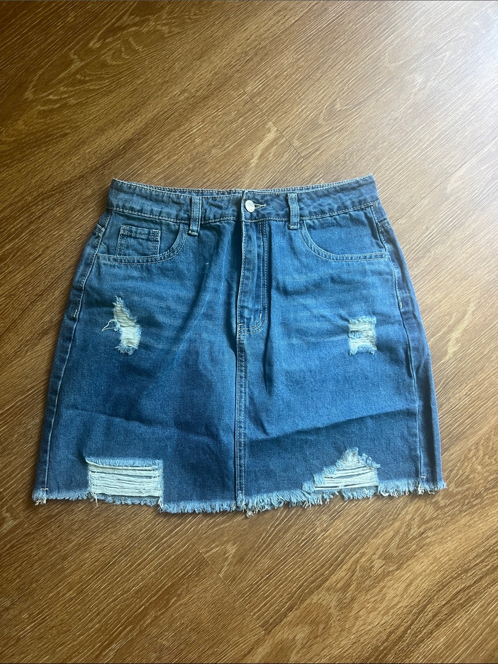 High-Rise Distressed Denim Mini Skirt - Blue - Picture 4 of 5